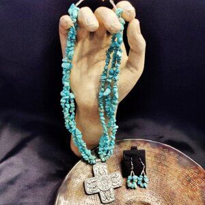 Handmade Triple Strand Turquoise Chips Large Cross Necklace and Earrings Set